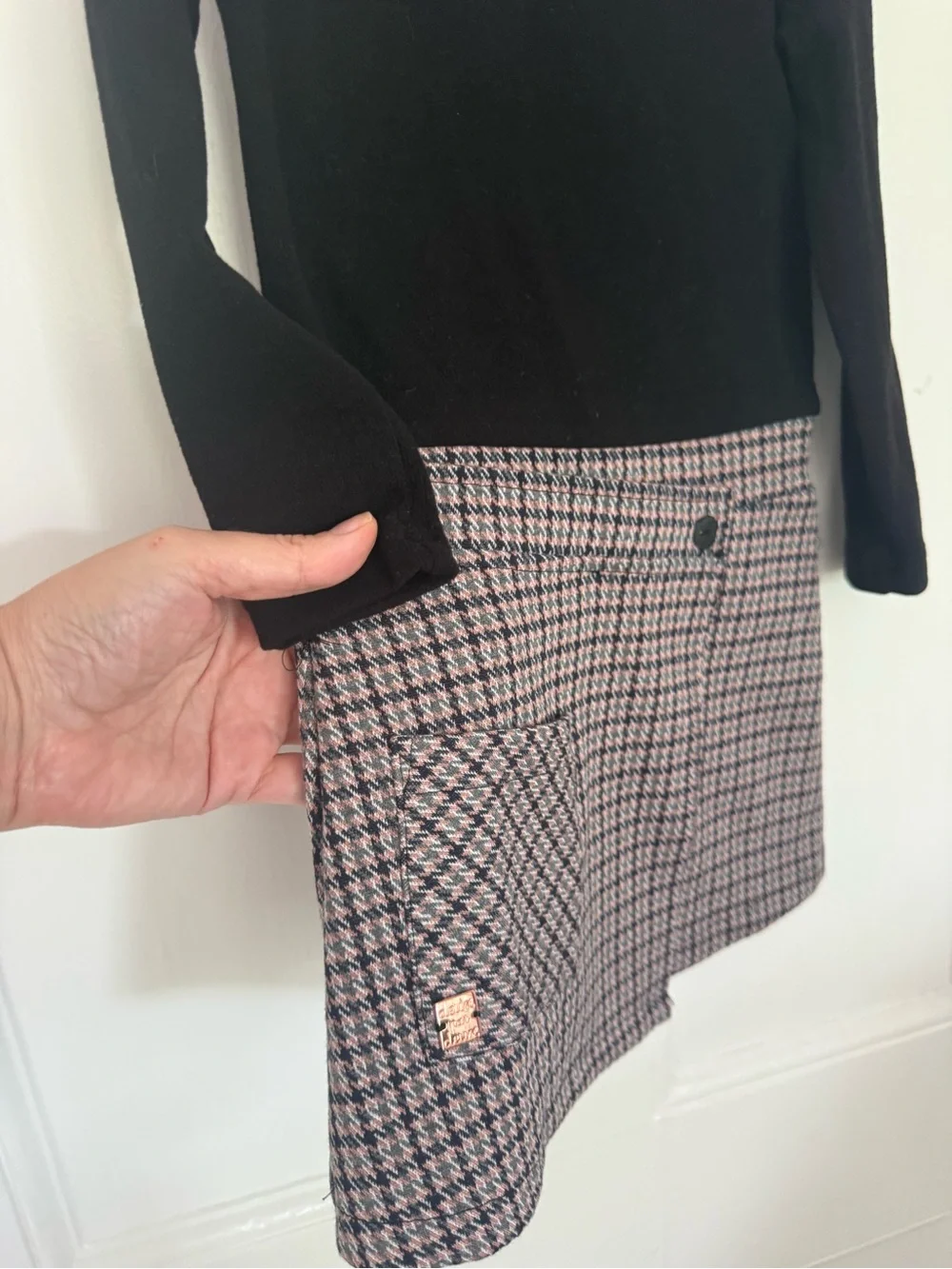 deux par deux Black Top with Pink and Black Houndstooth Mini Skirt